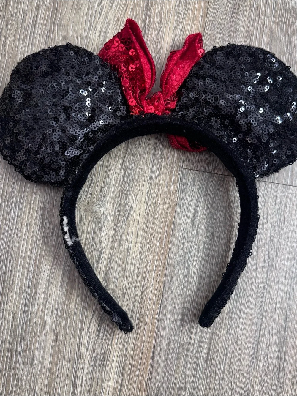 Disney Black Sequin Minnie Ear Headband with Red Bow